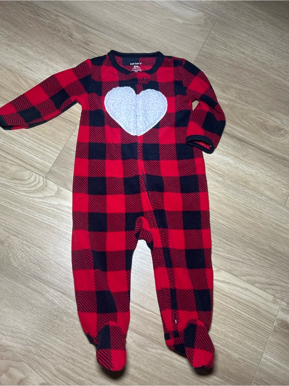Carter's Red and Black Buffalo Plaid Fleece Heart Footed One-Piece